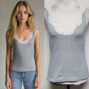 90s Vintage Chico's Black White Pinstripe Lace Trim Stretchy Cropped Tank Top S